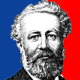 engraving of Jules Verne, flag behind